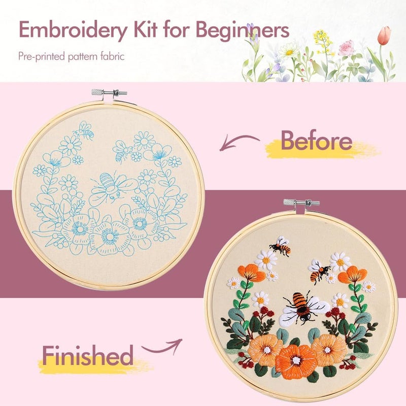 wtisan Embroidery Kit for Adults, 4 Sets Cross Stitch Kits for Adults with Stamped Flower Pattern and Easy Instruction, Embroidery Kits with Embroidery Hoop and Color Threads - Image 3